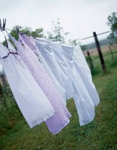 clothes hanging out to dry on a line in the grass near a fence and some trees