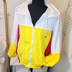 Nwt Outer Edge Retro Style Windbreaker Full Zip. Size Medium. Trendy Spring Color Block Windbreaker, Spring Trendy Color Block Windbreaker, Spring White Color Block Windbreaker, Yellow Long Sleeve Windbreaker For Spring, Yellow Color Block Outerwear For Spring, Long Sleeve Yellow Color Block Outerwear, Trendy Yellow Spring Windbreaker, Spring Yellow Color Block Outerwear, Yellow Hooded Color Block Outerwear