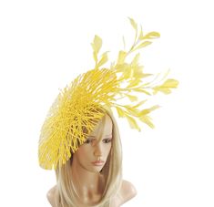 Yellow Kentucky Derby Hat, Lemon Yellow Ascot Hat,Lemon Tea Party Hat, Yellow Formal Occasion Hat,Yellow Saucer Hat,Fascinator Headband Isabel Round Saucer Disc Lemon Yellow Kentucky Derby Hat This yellow wedding fascinator is made with a criss cross geometric structured disc trimmed with a mass of feathers Fascinator base Measures 38cm wide This formal occasion hat is mounted with a matching headband. If you prefer a headband to match your hair, please make a note at check out what colour headband you want. We make each hat to order just for you, we would prefer if you did not order for choice. If colour match is important to you please ask for free fabric swatch to be sent to you - this reduces returns and disappointment.   We can also make a custom design for you if you have something e Yellow Tea Party, Saucer Hat, Tee Party, Occasion Hats, Yellow Tea, Ascot Hats, Hat Fascinator, Tea Party Hats, Fascinator Headband