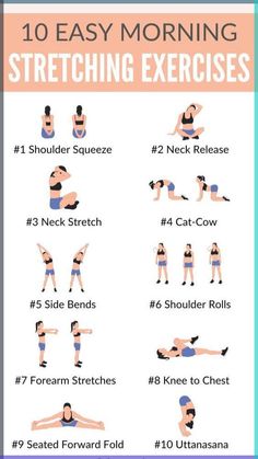 a woman doing exercises for her chest and back with the words 10 easy morning stretching exercises