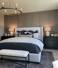 a bedroom with a large bed and two lamps on either side of the headboard