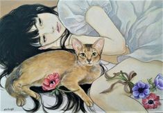 a drawing of a woman laying in bed with a cat on her shoulder and flowers around her neck