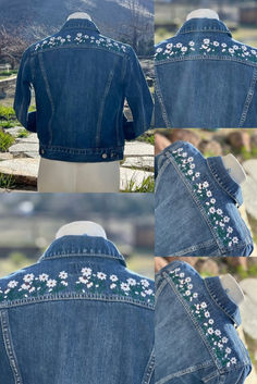 Embellished Denim, Denim Jacket, Jean Jacket, Fall Syle, Game Day, Gift for her, Floral Embroidery, Hand Embroidery Embroidered Fitted Denim Jacket, Fitted Embroidered Denim Jacket, Fitted Embroidered Denim Blue Denim Jacket, Fitted Medium Wash Embroidered Denim Jacket, Fitted Denim Jacket With Custom Embroidery, Jean Jacket Embroidery, Hand Embroidered Denim, Jacket Embroidery, Embroidered Denim Jacket