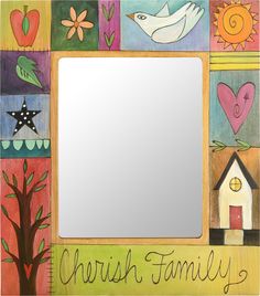 a colorful photo frame with the words church family painted on it and pictures of birds, flowers, hearts, trees