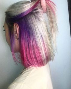 Pink Halo Hair Blonde, Rainbow Tips Hair, Blonde With Peekaboo Color, Hidden Hair Color, Peekaboo Hair Colors, Peekaboo Hair, Short Blonde Hair, Rainbow Hair, Cool Hair Color