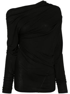 black soft jersey stretch-design draped design asymmetric neck long sleeves straight hem Future Girlfriend, Adorable Outfits, Water Consumption, Yoko London, Designer Drapes, Airport Fashion, Exclusive Fashion, Harmful Chemicals, Environmental Impact