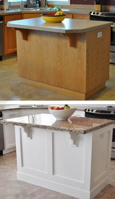 before and after pictures of a kitchen island