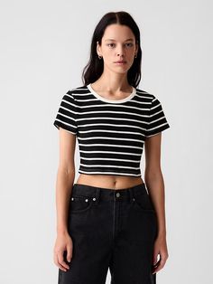 Modern Rib Ultra-Cropped T-Shirt | Gap Cropped T Shirt, Crop Tshirt, Ribbed Knit, Gap, Cotton Blend, Short Sleeves, Crew Neck, T Shirt