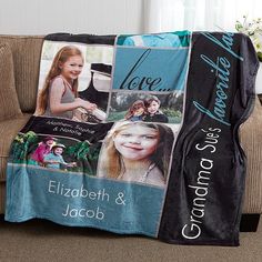 a personalized blanket on a couch with the names of two people and their pictures