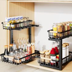 two black shelves filled with food and condiments on top of a wooden counter