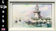 a watercolor painting of a lighthouse in the ocean with sailboats on the water