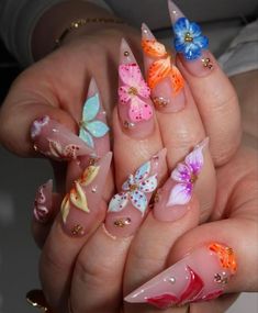 Long Pointy Nails, Summer Nails Long, Spring Flower Nails, Nails Inspo Summer, Quartz Nails, Pointy Nails, Basic Nails, Colorful Nails