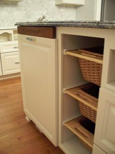 a kitchen island with baskets on it