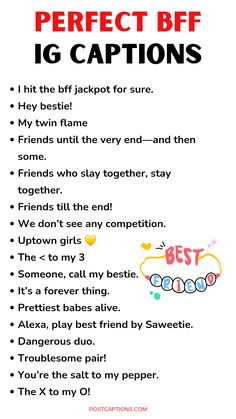 a poster with the words perfect bff ig captions in red and white