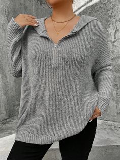 Plus Size Women's Solid Color Simple Casual Hooded Pullover Sweater Grey Casual  Long Sleeve Fabric Plain Pullovers Slight Stretch  Women Plus Clothing, size features are:Bust: ,Length: ,Sleeve Length: Gray Long-sleeve Soft Knit Outerwear, Sweater Grey, Hooded Pullover, Pullover Sweater, Grey Sweater, Pullover Sweaters, Plus Clothing, All Fashion, Length Sleeve