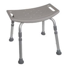 a gray bath bench with wheels and handles