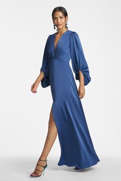 Jenny Gown - Washed Indigo Formal Floor-length Gown With Draped Sleeves, Formal Floor-length Maxi Dress With Gathered Sleeves, Wedding Satin Maxi Dress With Draped Sleeves, Formal Gown With Fitted Bodice And Cape Sleeves, Wedding Maxi Dress With Draped Sleeves And Fitted Bodice, Formal Dresses With Gathered Sleeves, Pre-draped, Satin Evening Dress With Draped Sleeves For Wedding, Satin Wedding Dress With Draped Sleeves, Wedding Evening Dress With Draped Sleeves In Satin