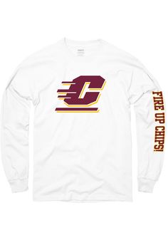 Show off your team pride in this Central Michigan Chippewas White Big Logo Long Sleeve T Shirt! This CMU Chippewas Long Sleeve Tee features a screen printed Central Michigan logo on the front with team name down the arm. Make sure everyone knows you root for the Chippewas with this White CMU Chippewas T Shirt. Hail Chippewa! Classic fit, Seamless double needle 7/8" collar, Taped neck & shoulders, Ribbed cuffs, 5.3 oz Cotton, Unisex, Fit: True to Size, 100% Cotton College Cotton T-shirt With Team Logo, White University Logo T-shirt Fan Apparel, Central Michigan University Apparel, University Of Michigan Sweatshirt, Michigan Apparel, Team Names, Michigan, Long Sleeve Tees, Long Sleeve Tshirt