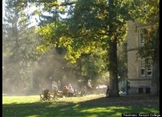 people are sitting on the grass in front of a building and trees with dust coming from them