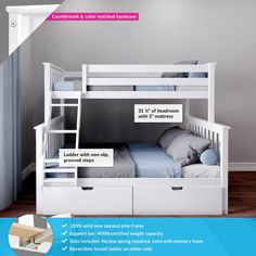 a bunk bed with two drawers underneath it and an additional shelf for the bottom drawer