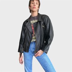 Retro black distressed leather biker style jacket in size M!  The distressed leather gives it a rugged and worn-in look, while the biker style adds a rebellious flair.  Add it to your wardrobe today and rock that retro vibe effortlessly! CONDITION: Excellent Vintage Condition FABRIC: Genuine leather, distressed look SIZE: EU38/M; UK10/M, will suit other sizes depending on desired fitting Seen on a model size S; 5'11 FLAT LAY MEASURES: /Shoulders 19in /Sleeve 21in /Pit to pit 24in /Length 25.5in Black Moto Biker Jacket For Alternative Fashion, Distressed Biker Leather Jacket For Winter, Distressed Vintage Biker Jacket For Fall, Biker Leather Jacket For Alternative Fashion, Black Distressed Biker Jacket For Fall, Grunge Long Sleeve Leather Jacket For Biker Events, Distressed Punk Biker Jacket For Fall, Distressed Biker Leather Jacket For Biker Events, Distressed Biker Jacket For Fall Streetwear