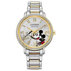 A delightful combination of elegance and fun, this Drive from Citizen Eco-Drive watch is a must have for any Mickey Mouse fan. A delightful combination of elegance and fun, this Drive from Citizen Eco-Drive watch is a must have for any Mickey Mouse fan. FEATURES Exclusive artwork for Citizen Mickey is busy painting on the 8 o'clock marker Bezel features 78 Swarovski crystals Two-tone stainless steel case and bracelet Lithium ion batteryDISPLAY Face cover material: mineral crystalCASE Material: s Busy Painting, Mickey Watch, Mickey Mouse Watch, Eco Drive Watches, Disney Watches, Citizen Eco, Crystal Watches, Eco Drive, Two Tone Watch