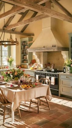 a kitchen with an oven, table and chairs next to the stove in front of it