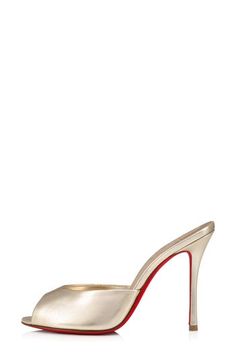 A minimalist silhouette in metallic napa leather makes this peep-toe sandal perched on a stiletto a fabulous night-out option. Christian Louboutin's iconic red sole—born from a fateful brush with red nail lacquer—lends distinctive brilliance to every step. 4" (100mm) heel Wipe with a soft, dry cloth and store in a dust bag Please note the red lacquer on soles will wear off as a result of normal use. To minimize the effect, avoid wearing in wet weather or on abrasive surfaces Leather upper, linin Elegant Open Toe Sandals With Red Sole, Elegant Sandals With Red Sole And Single Toe Strap, Evening Heels With Red Sole And Single Toe Strap, Glamorous Formal Sandals With Red Sole, Elegant Sandals With Red Sole And Open Heel, Elegant High Heel Sandals With Red Sole, Sleek Open Toe Heels With Red Sole, Elegant Sandals With Red Sole For Evening, Elegant Evening Sandals With Red Sole