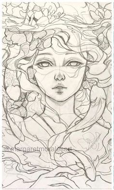 a drawing of a woman with flowers in her hair