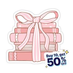 a pile of pink books with a bow on it and the words buy 10 get 50 % off