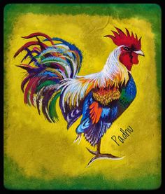 a painting of a rooster on a yellow background