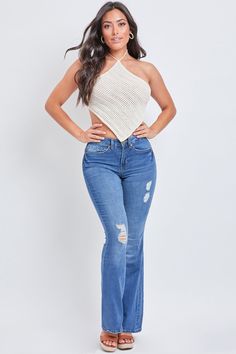 Retro is back and we’re all about it! Bring some flirt and flair to any look with our Women's Essential High Rise Flare Jean-Long Inseam. This fit features 2 additional inches in length for all of our tall babes to rock! These flares are made from smooth and soft denim so it fits and flatters your every curve. Pair them with sneakers for a casual vibe, or dress up with strappy heels or booties! Product Details - High-Rise - 1-Button Closure with Zipper - 5 Pocket Construction Size & Fit (based o Cheap Mid-rise Flare Jeans With Pockets, Mid-rise Blue Flare Jeans With Side Pockets, Stretch Full-length Denim Flares, Cheap Stretch Full-length Flare Jeans, Stretch Denim Blue Full-length Flares, Ymi Jeans, High Rise Flare Jeans, L And Light, Women Essentials