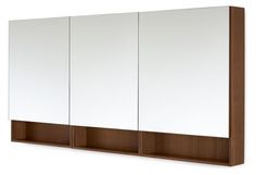 a white and brown cabinet with two mirrors