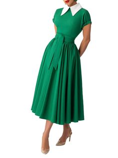 "Brigitta" Green Pointed Collar Swing Dress – FKSP Flared Dress Outfit, Choir Dresses, Dyt Type 4 Clothes, Flair Dress, Dresses Xxl, Professional Dresses, Professional Outfits, Collar Dress, Swing Dress