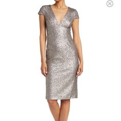 Sparkly Sequins Add A Party-Ready Style To This V-Neck Mini Dress With Cap Sleeves That Delicately Envelope Your Shoulders. Fitted V-neck Holiday Dress, Fitted Knee-length Holiday Dress, Fitted Knee-length Dress For Holidays, Glamorous Sheath Holiday Dress, Glamorous Sheath Dress For Holiday, Fitted V-neck Midi Dress For Holiday Party, Glamorous Holiday Sheath Dress, V-neck Midi Dress For Holiday Party, Knee-length Holiday Dresses For Formal Occasions