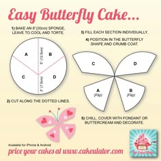 the instructions for how to make an easy buttery cake with butterflies and hearts on it