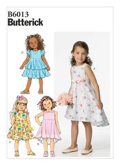 "Butterick Pattern B6013 Dress has bodice with raised waist, tie ends, flared skirt, back zipper and very narrow hem. A, B: Sleeveless, lined, ruffles attached to lining for petticoat and hi-low hem. A: Button holes for purchased ribbon belt. B: Peter pan collar and purchased trim. C: Wrong side shows on flutter sleeves. D: Bias binding for short puff sleeves. C, D: Lined bodice and two tiered skirt. Designed for Lightweight Woven Fabrics. FABRICS: Linen, Broadcloth, Dotted Swiss, Satins. Unsuit Circle Skirt Dress Pattern, Kids Dp, Skirt Dress Pattern, Toddler Sewing Patterns, Circle Skirt Dress, Girls Clothes Patterns, Girl Dress Pattern, Knitting Clothes, Kwik Sew