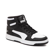 Puma-Rebound LayUp SL High-Top Sneaker - Men's Show off your classic street style with the men's Rebound LayUp SL high-top sneaker from Puma. A fresh monochromatic design makes these sporty kicks easy to pair with any casual look. White High-top Sneakers With Puma Logo For Sneakerhead Events, Sporty High-top Sneakers With Puma Logo, Casual Puma Basketball Shoes For Streetwear, Casual White High-top Sneakers With Puma Logo, Casual Black Basketball Shoes With Puma Logo, Casual Puma High-top Sneakers For Streetwear, High-top Puma Sneakers For Running, Casual Black Puma Basketball Shoes, Sporty High-top Puma Sneakers