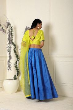 Royal Blue Lehenga Set of 3 - Trendroots Party Lehenga With Dupatta In Slub Silk, Blue Tissue Silk Sharara For Navratri, Blue Tissue Silk Sets With Dori Work, Blue Tissue Silk Lehenga For Navratri, Blue Tissue Silk Lehenga, Festive Blue Cotton Silk Lehenga, Blue Tissue Silk Lehenga With Unstitched Blouse, Blue Organza Anarkali Set With Dori Work, Blue Anarkali Tissue Silk Choli