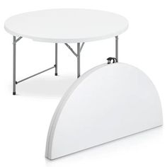 two tables with white plastic covers on each side and one has an umbrella shaped table top