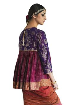 Multicolored jamun purple pleated top with handblock jaal foil print, hand embroidery and bead tassels. - Aza Fashions Purple Anarkali Blouse For Festive Occasions, Festive Purple Anarkali Blouse, Purple Anarkali Chanderi Blouse, Festive Purple Blouse For Transitional Season, Traditional Bandhani Print Straight Kurta, Purple Zari Work Blouse For Eid, Festive Purple Chanderi Blouse, Anarkali Cotton Silk Top For Festive Occasion, Bollywood Style Purple Blouse For Eid