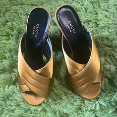 Chic & Stylish Color: Gold Size: 39 Condition: Good (Please Review All Photos For Condition) Gucci Dust Bag Included Open To Reasonable Offers! Designer Mules With 4-inch Heel, Gucci Chic Leather Mules, Gucci High Heel Mules With Branded Heel Counter, Gucci Luxury Open Toe Mules, Gucci Designer High Heel Mules, Gucci Brown Summer Heels, Chic Gucci Mules For Evening, Elegant Gucci Sandals For Spring, Gucci Formal Summer Mules