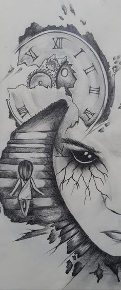 a drawing of a woman's face and clock