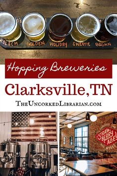 several different types of beer in glasses with the words hoppy brewers clarksville, tn