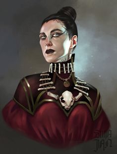 a digital painting of a woman in a red dress with skeleton decorations on her chest