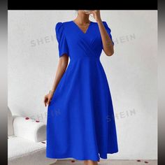 Very Flattering Fit. Bought And Never Wore It. Still In Original Bag. Great For Brunch, Work, Wedding Guest Dress Stretchy Material Blue V-neck Midi Dress For Wedding, Royal Blue Gown, Royal Blue Dress, Blue Gown, Shein Dress, Shein Dresses, Guest Dress, Original Bags, Blue Dress