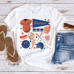 a t - shirt with the word houston on it next to some shoes and sunglasses