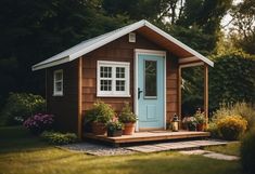 a small wooden house with potted plants on the front porch and blue door surrounded by greenery