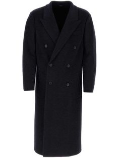 navy blue wool blend peak lapels double-breasted button fastening two side welt pockets long sleeves buttoned cuffs long length Versace Sneakers, City Shorts, Men’s Suits, Balenciaga Triple S, Double Breasted Coat, Dress Watch, Summer Beach Wear, Blue Wool, Suit Fashion