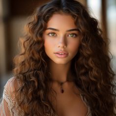 a beautiful young woman with long curly hair and green eyes is posing for the camera